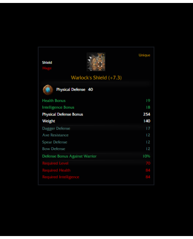 Warlock`s Shield +7,3 psy 40 def